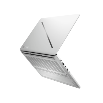 Silver laptop photographed at an elevated angle against a white background.
