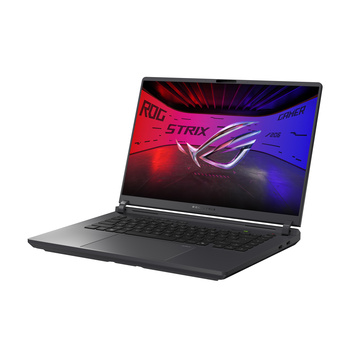 ASUS ROG Strix gaming laptop with red and blue illuminated display shown in three-quarter view.