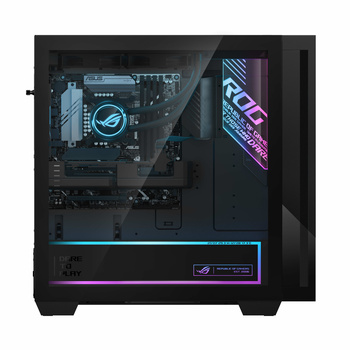 Open computer case displaying internal components with blue and purple RGB lighting.