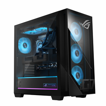 Gaming PC tower with tempered glass side panel, illuminated blue cooling fans, and RGB lighting elements.