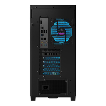 Black PC tower case with illuminated blue fan and ventilation mesh on front panel.