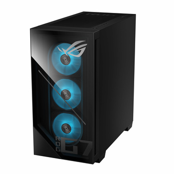 Black computer case with three blue circular cooling fans visible through a front panel window.
