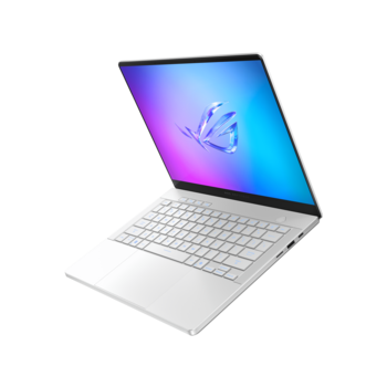 White laptop with colorful gradient display showing blue and pink tones with floral illustration.