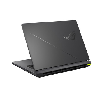 Dark gray gaming laptop with ROG logo displayed at an angle, showing closed lid and side profile.