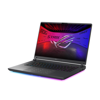 ASUS ROG Strix gaming laptop with illuminated keyboard and red-blue gradient display on white background.