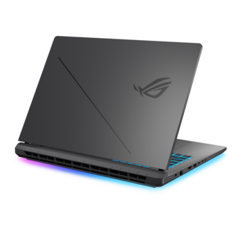 ASUS ROG gaming laptop with dark gray chassis and illuminated blue keyboard base.