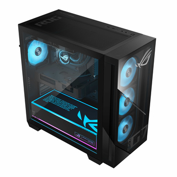 Black PC tower case with blue LED fans and illuminated interior visible through tempered glass panels.