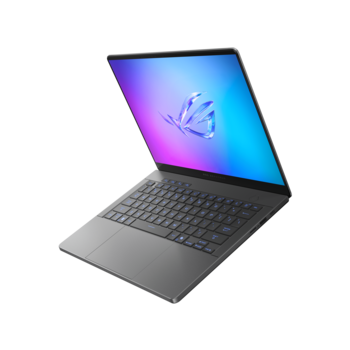 Laptop computer displayed at an angle with a gradient blue and purple display showing a lotus flower illustration.
