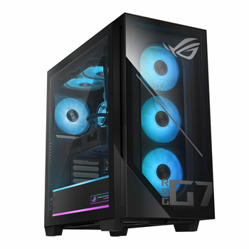 Computer case with four blue illuminated cooling fans and tempered glass side panel.