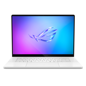 White laptop displaying a gradient wallpaper with a stylized feather illustration in blue and purple tones.