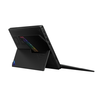 Portable monitor with stand displayed at an angle against white background.
