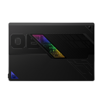 Illustration of a sleek black laptop with a colorful diagonal gradient panel across its lid.