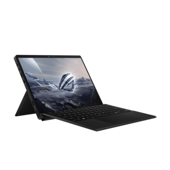 2-in-1 tablet and keyboard device with kickstand displaying a dramatic aerial photograph.