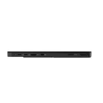 Black soundbar with integrated front-facing ports and vents displayed against a white background.