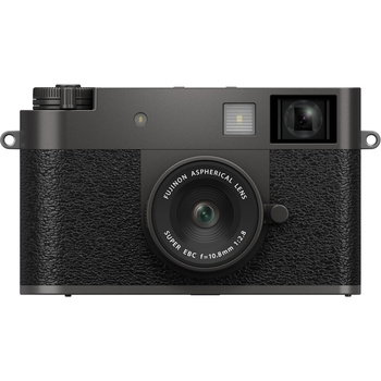 Rangefinder film camera with textured black leather body and fixed prime lens.