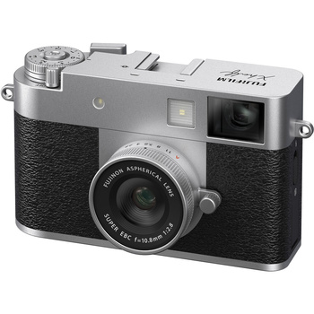 Fujifilm Instax Mini Evo hybrid instant camera with silver and black body, showing top-mounted flash and control dials.