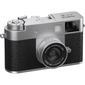 Rangefinder film camera with silver top plate, black leather body, and fixed lens shown against white background.