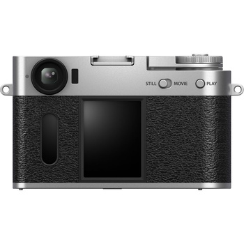 Rangefinder camera with silver top plate and black textured body, shown from above with lens and viewfinder visible.
