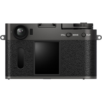 Rear view of a rangefinder camera with dark textured body and control buttons.