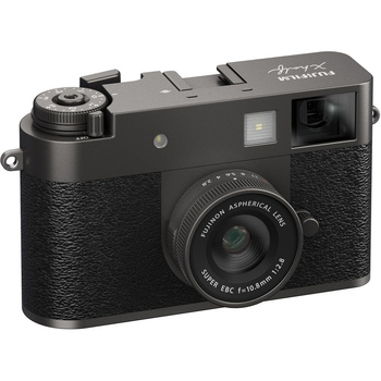 Rangefinder camera with black metal body and textured black grip, fixed lens, and top-mounted film advance wheel.