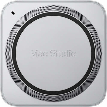 Mac Studio product image showing silver rectangular chassis with circular cooling vent and center ring detail.