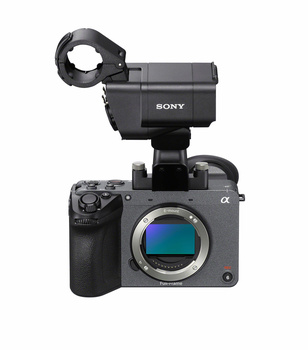 Sony FX30 cinema camera with mounted XLR audio adapter and microphone attachment.