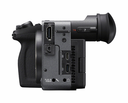 Sony FX30 cinema camera shown from the right side, displaying the grip, ports, and electronic viewfinder.