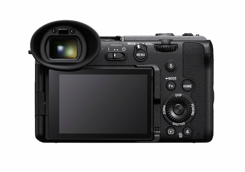 Sony Alpha mirrorless camera shown from rear angle with articulating LCD screen and electronic viewfinder visible.