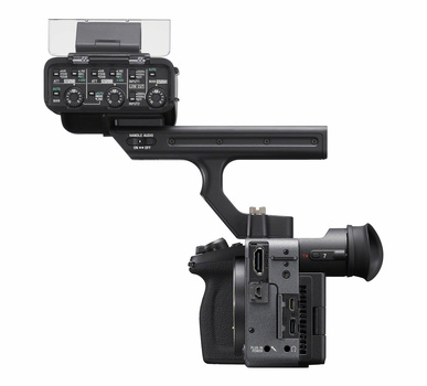 Professional cinema camera with articulating control unit mounted above the lens housing.