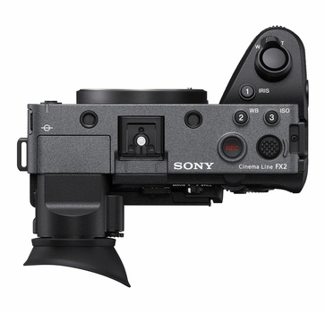 Sony Cinema Line FX2 camera shown from overhead angle displaying control panel, grip, and articulating screen.