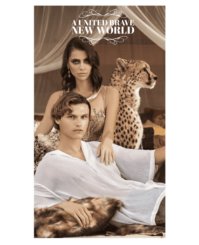 Portrait of two people with a cheetah in an elegant interior setting with draped fabric.
