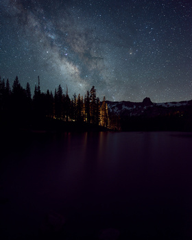 Milky Way galaxy arching over a dark alpine lake surrounded by evergreen forest and mountains.
