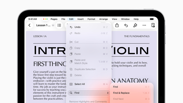 Screenshot of a Google Docs lesson document about violin fundamentals with an open Edit menu.