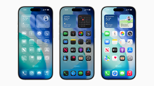 Screenshot showing three iPhone home screens displaying different app layouts and visual designs.