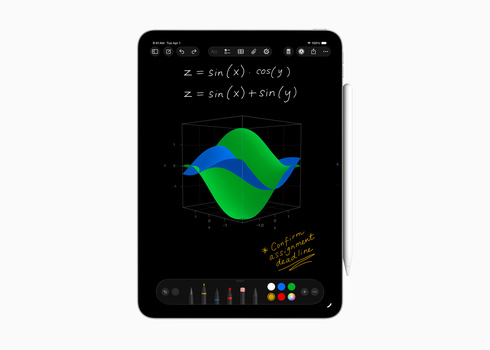 Screenshot of mathematical 3D surface visualization on tablet displaying two equations with blue and green surface plots.