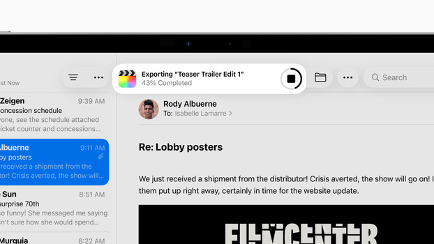 Screenshot of email interface showing message about lobby poster shipment and film festival branding.
