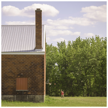 Brick building with metal roof and chimney beside a treeline on a grassy field.