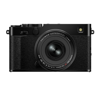 Black compact rangefinder camera with textured grip and fixed lens, front view.
