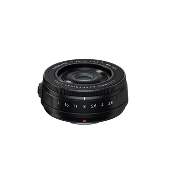 Black compact prime lens with aperture ring and distance scale markings visible on white background.