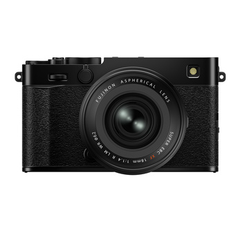 Black rangefinder camera with textured grip and fixed prime lens against white background.