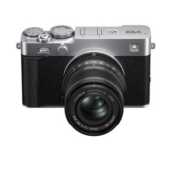Fujifilm X100V compact digital camera with fixed 35mm lens, shown from front angle against white background.