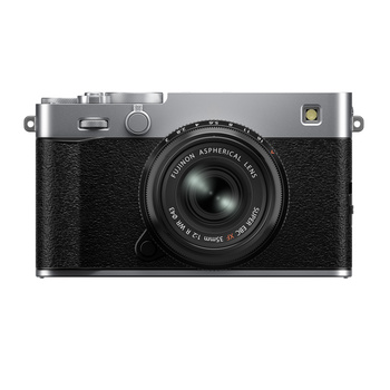 Fujifilm X100V rangefinder camera with silver top plate and black leather body against white background.