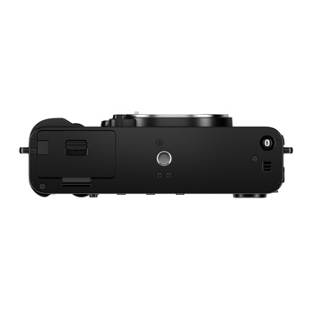 Top-down view of a black rangefinder camera body showing lens, viewfinder, and shutter button.