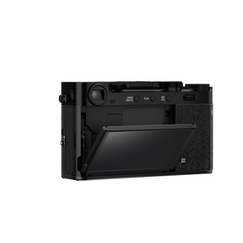Rear view of a compact digital camera with articulating LCD screen displayed open.