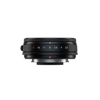 Black compact prime lens with aperture ring and focus scale markings displayed against a white background.