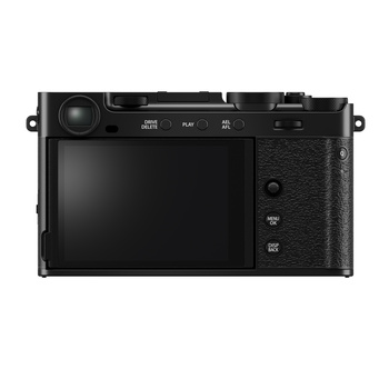 Rear view of a black mirrorless camera with articulating LCD screen and textured grip.