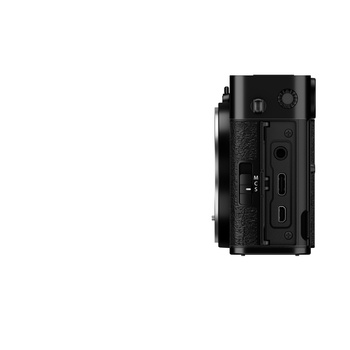 Side view of a compact mirrorless camera showing the right panel with ports and controls.