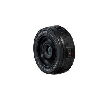Black prime lens with textured grip ring and focus ring, displayed against white background.