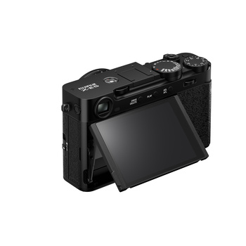 Compact black mirrorless camera with articulating rear LCD screen tilted outward.