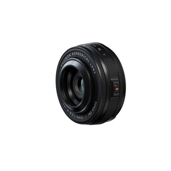 Black prime lens with textured grip ring and depth-of-field markings on barrel.
